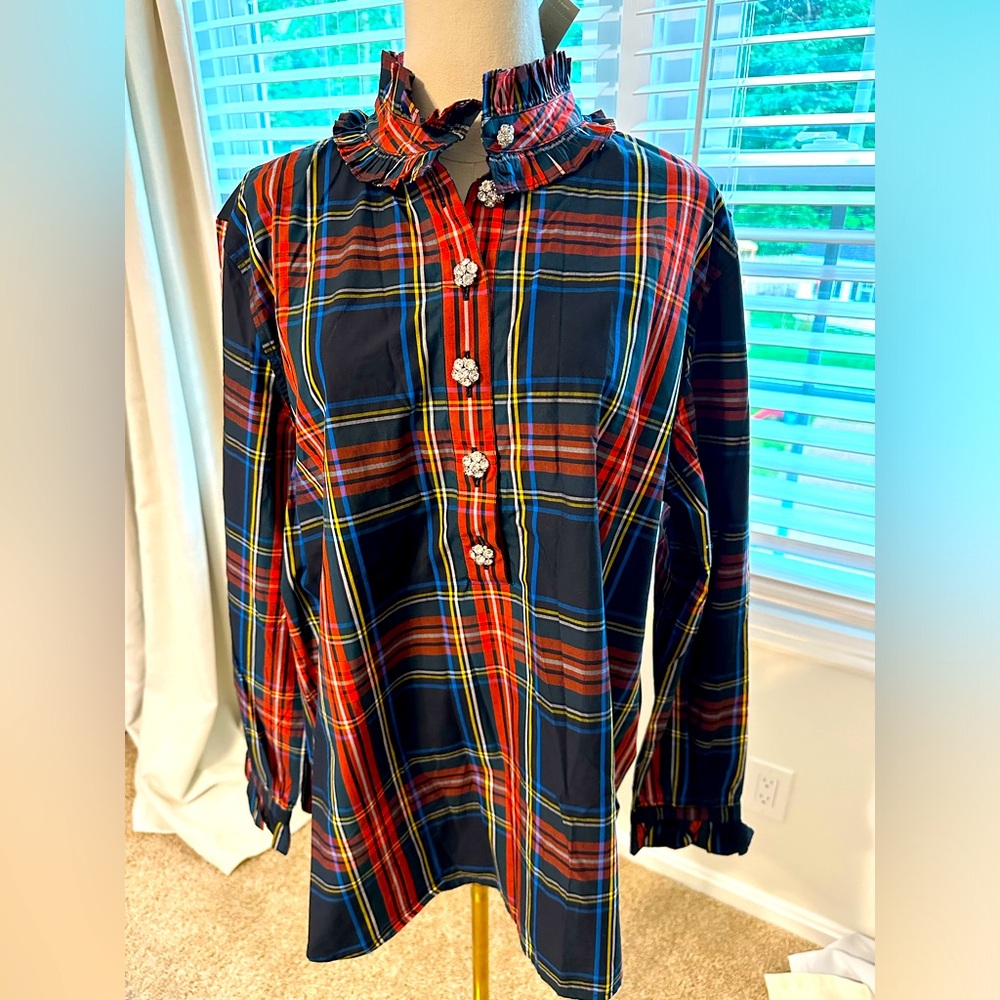 NWT, JCrew, Stewart tartan red blue with sequins classic collared shirt, size 18